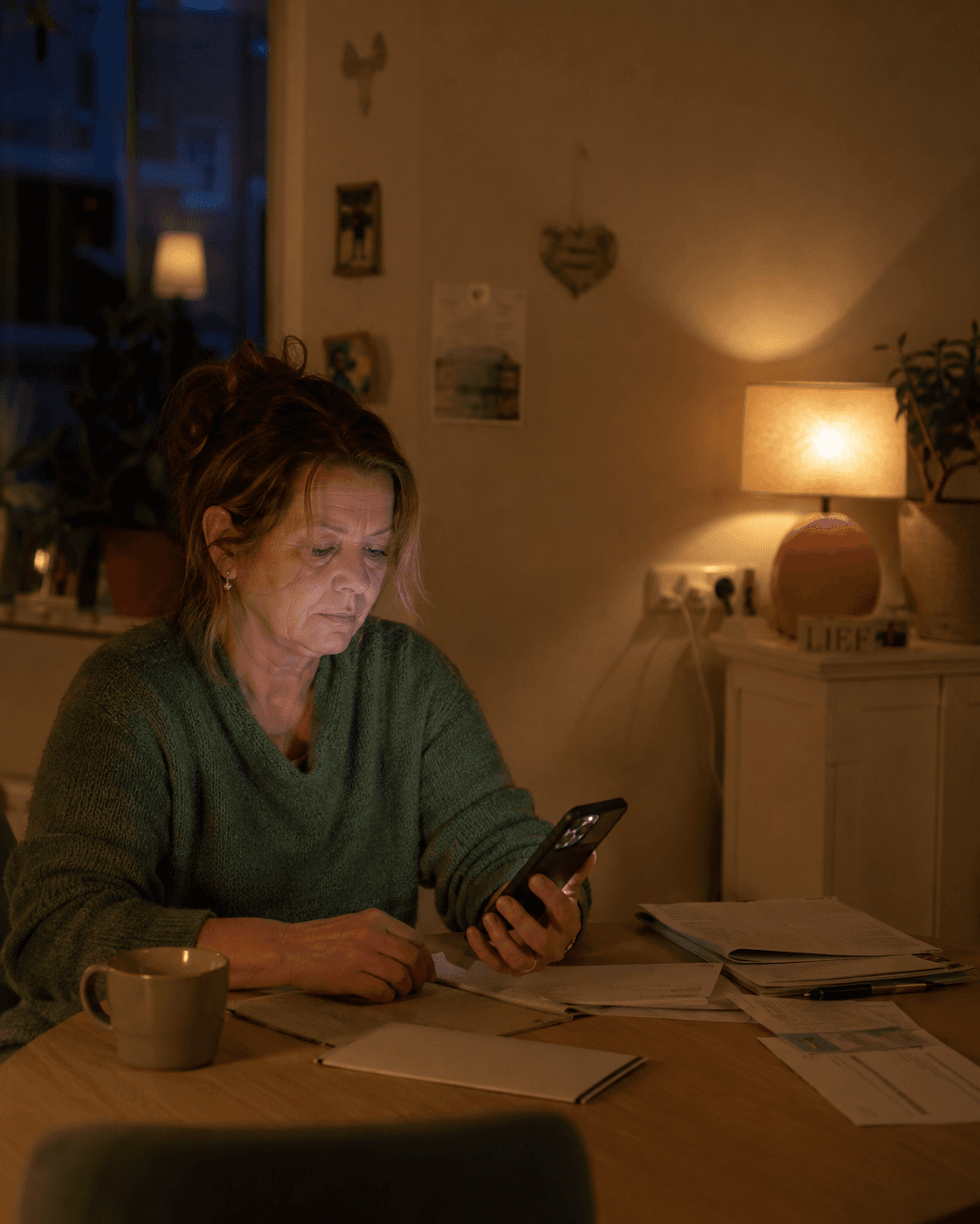 Een vrouw kijkt 's avonds aan de keukentafel op haar telefoon, met zorgbrieven en post om zich heen.